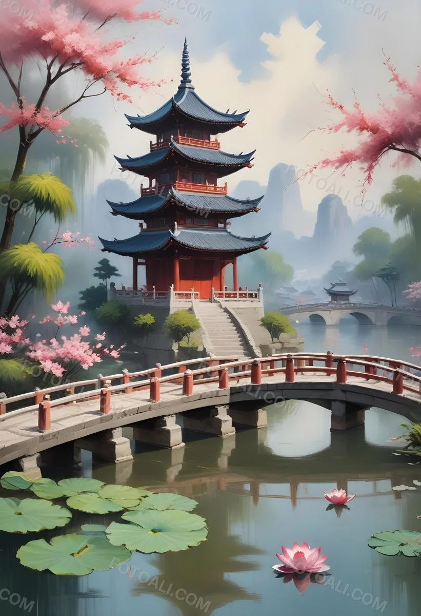 Watercolor Painting A Chinese Pagoda On A Bridge With Lotus Flowers In The Foreground Creative Detailed Brush Stroke Minimal Spalsh 32 E41c