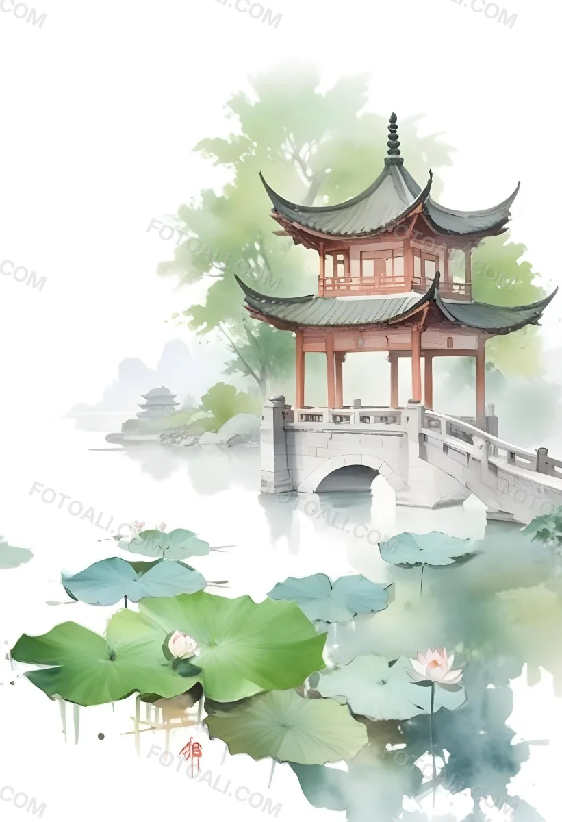 Watercolor Painting A Chinese Pagoda On A Bridge With Lotus Flowers In The Foreground Creative Detailed Brush Stroke Minimal Spalsh 36 7568