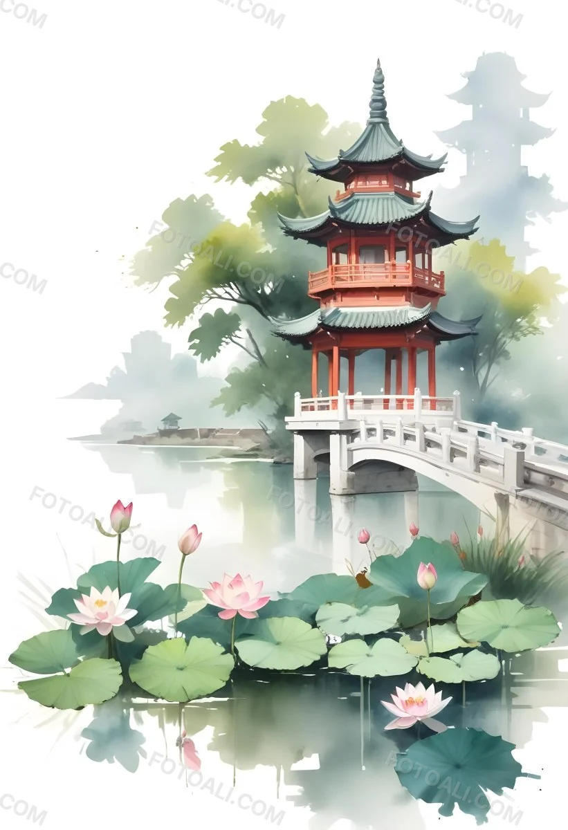 Watercolor Painting A Chinese Pagoda On A Bridge With Lotus Flowers In The Foreground Creative Detailed Brush Stroke Minimal Spalsh 44 177d