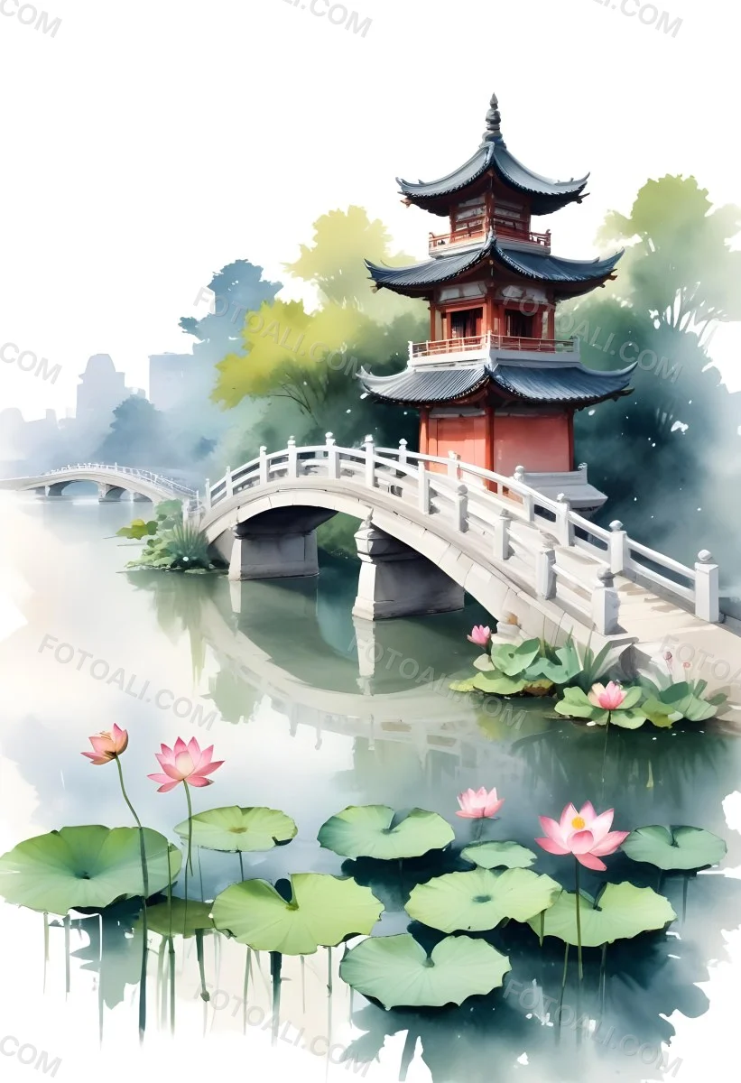 Watercolor Painting A Chinese Pagoda On A Bridge With Lotus Flowers In The Foreground Creative Detailed Brush Stroke Minimal Spalsh 46 0dee