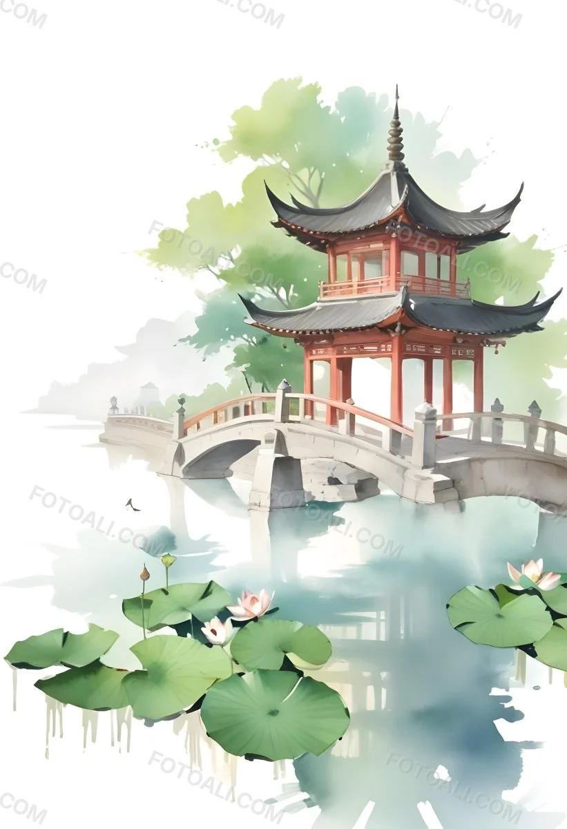 Watercolor Painting A Chinese Pagoda On A Bridge With Lotus Flowers In The Foreground Creative Detailed Brush Stroke Minimal Spalsh 47 Aca4