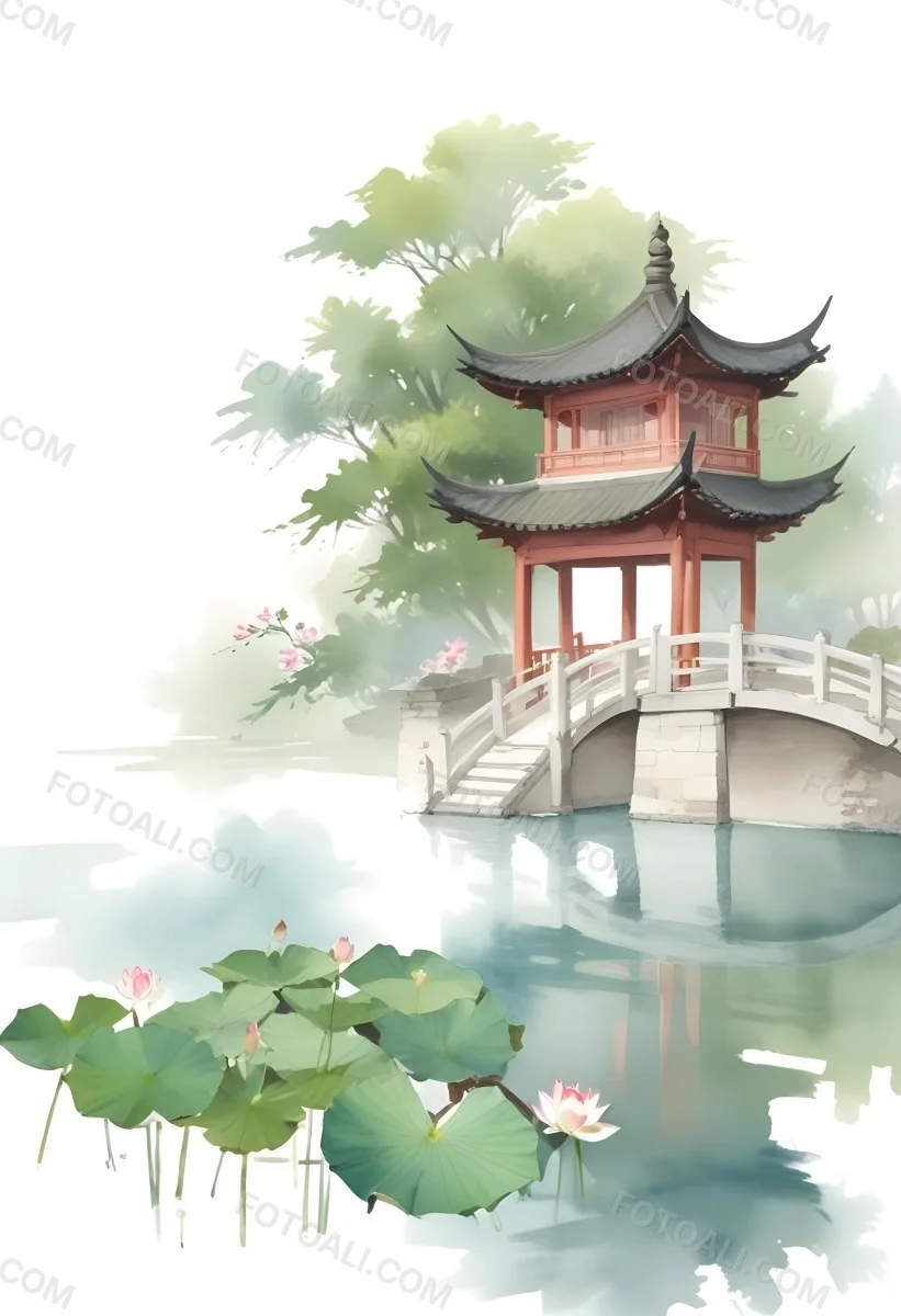 Watercolor Painting A Chinese Pagoda On A Bridge With Lotus Flowers In The Foreground Creative Detailed Brush Stroke Minimal Spalsh 49 3736