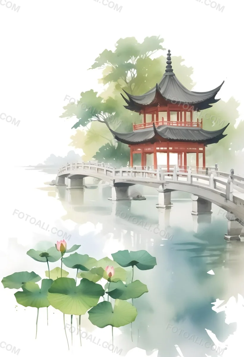 Watercolor Painting A Chinese Pagoda On A Bridge With Lotus Flowers In The Foreground Creative Detailed Brush Stroke Minimal Spalsh 5 7bb6
