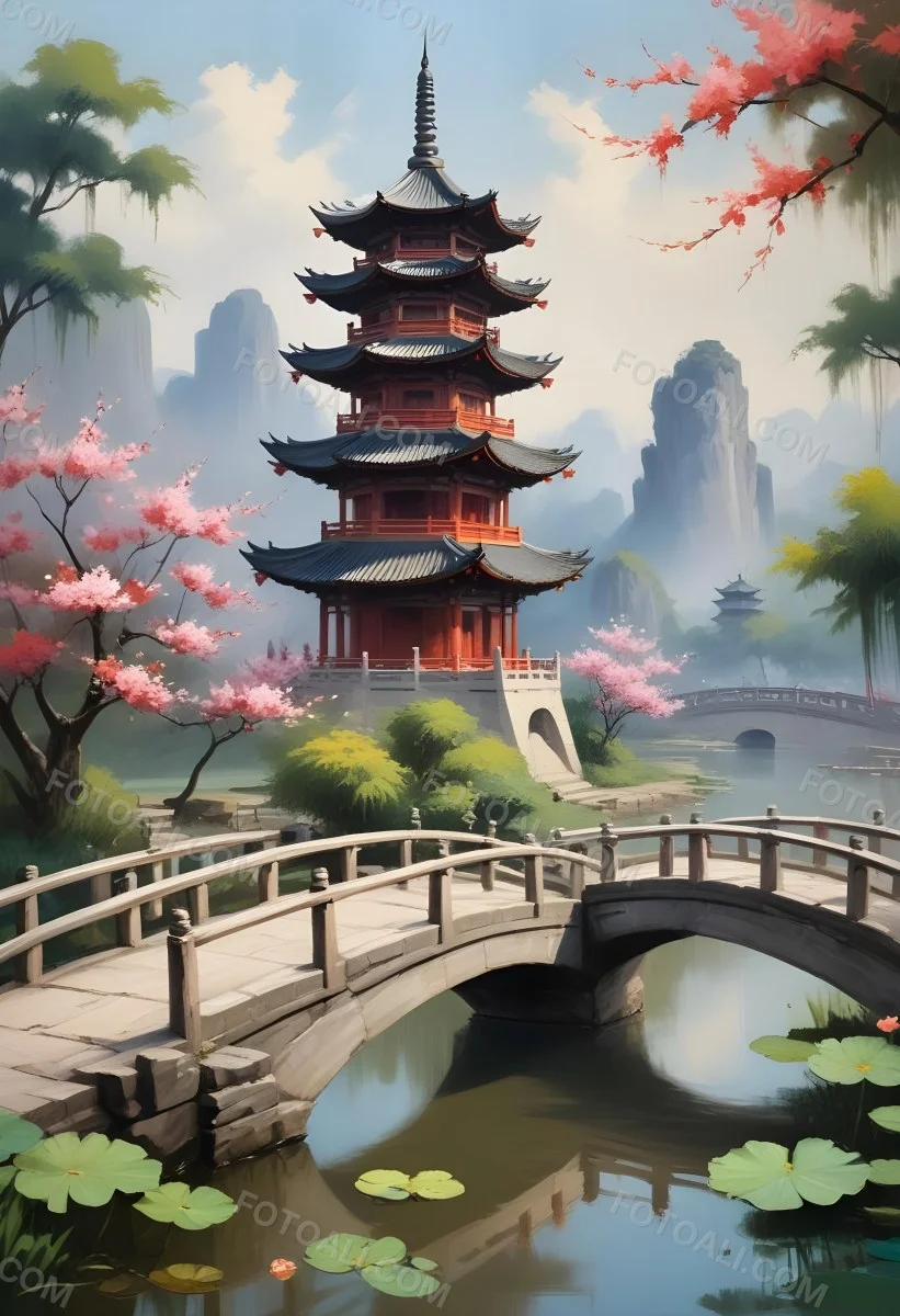 Watercolor Painting A Chinese Pagoda On A Bridge With Lotus Flowers In The Foreground Creative Detailed Brush Stroke Minimal Spalsh 6 C2e1