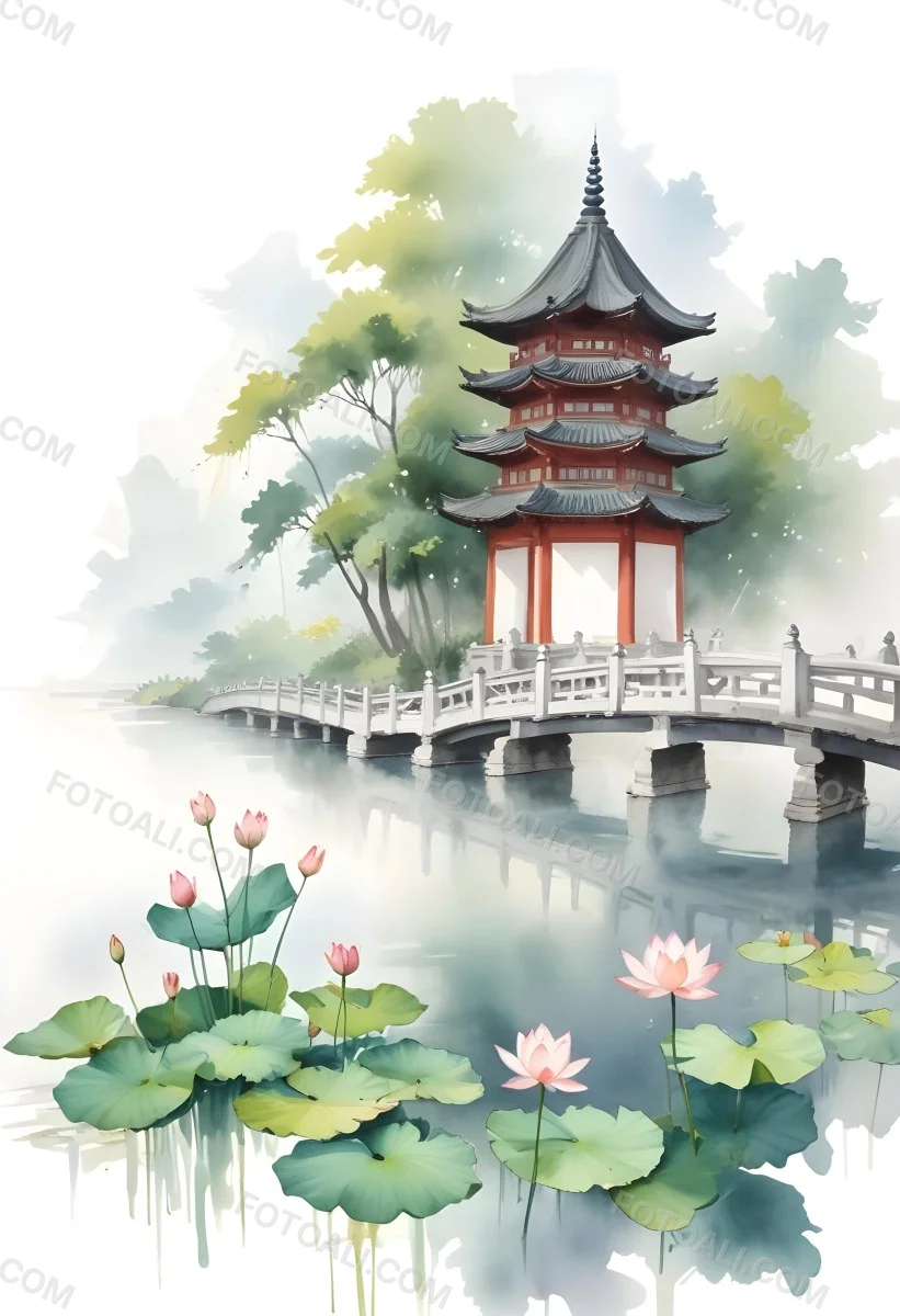 Watercolor Painting A Chinese Pagoda On A Bridge With Lotus Flowers In The Foreground Creative Detailed Brush Stroke Minimal Spalsh 7 4b85