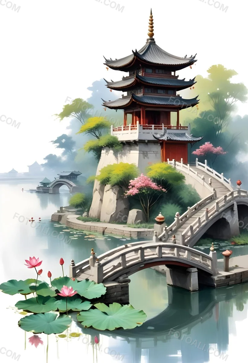 Watercolor Painting A Chinese Pagoda On A Bridge With Lotus Flowers In The Foreground Creative Detailed Brush Stroke Minimal Spalsh 8 Ad70
