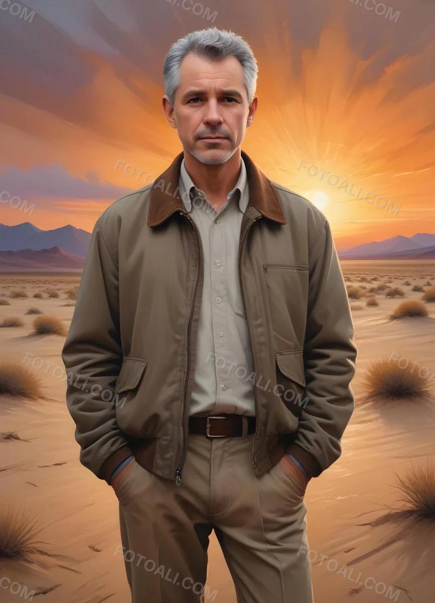 Watercolor Painting A Middle Aged Caucasian Man With Short Gray Hair Wearing A Brown Jacket Standing On A Sandy Desert Landscape With A Dramatic Sunset In The Background Creative Detailed Brush Stroke Minimal Spalsh 49 029a