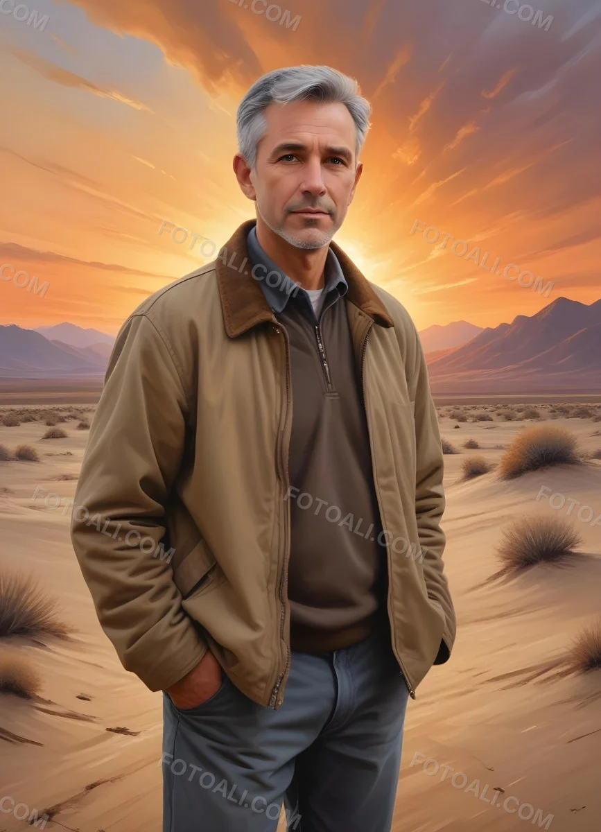 Watercolor Painting A Middle Aged Caucasian Man With Short Gray Hair Wearing A Brown Jacket Standing On A Sandy Desert Landscape With A Dramatic Sunset In The Background Creative Detailed Brush Stroke Minimal Spalsh 50 D6c2