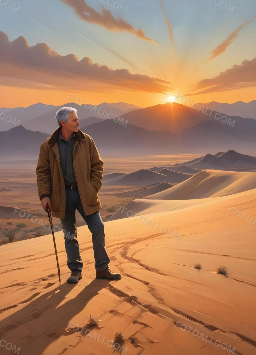 Watercolor Painting A Middle Aged Caucasian Man With Short Gray Hair Wearing A Brown Jacket Standing On A Sandy Desert Landscape With A Dramatic Sunset In The Background Creative Detailed Brush Stroke Minimal Spalsh 59 D0d4