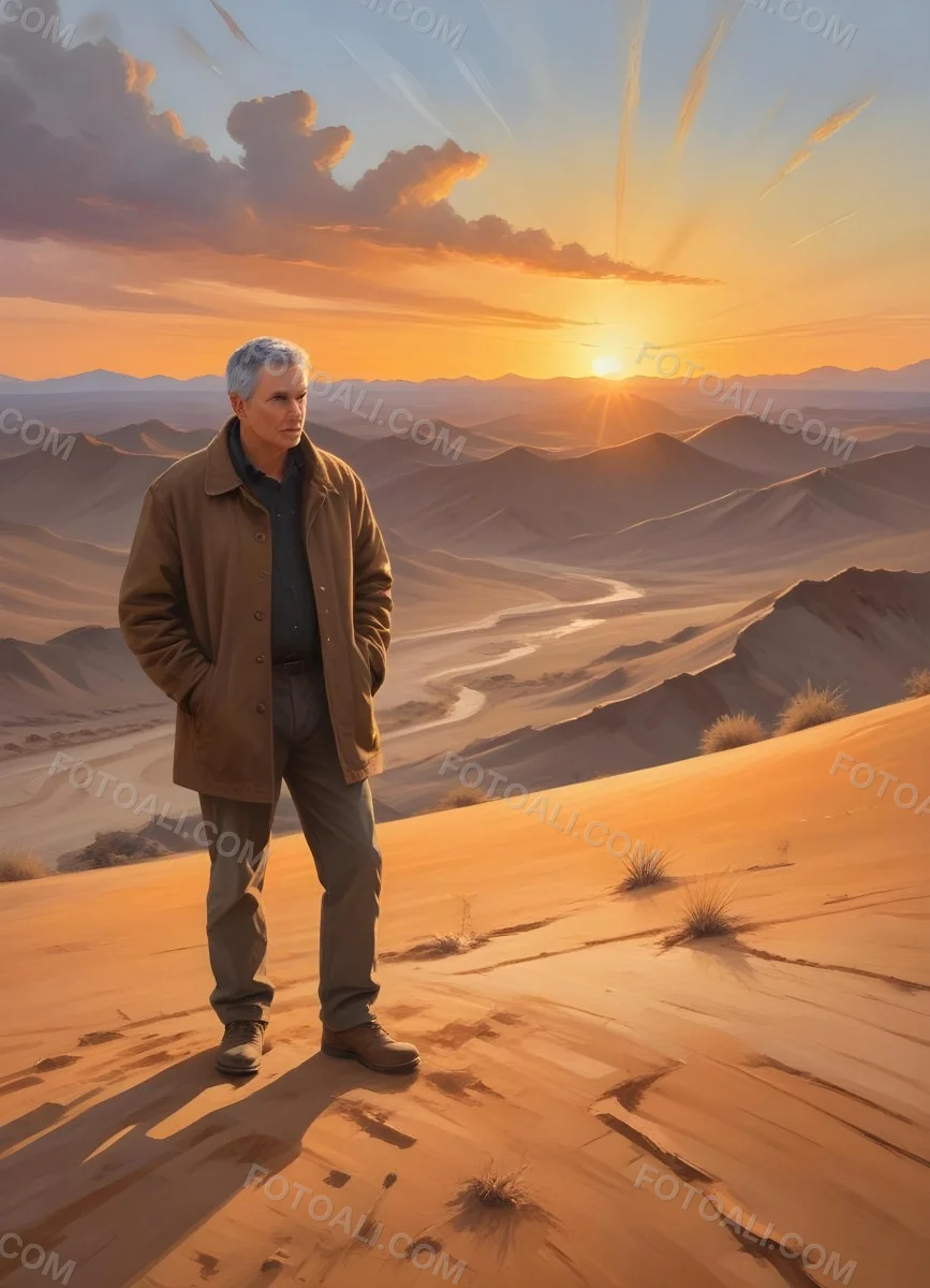 Watercolor Painting A Middle Aged Caucasian Man With Short Gray Hair Wearing A Brown Jacket Standing On A Sandy Desert Landscape With A Dramatic Sunset In The Background Creative Detailed Brush Stroke Minimal Spalsh 63 8ecc