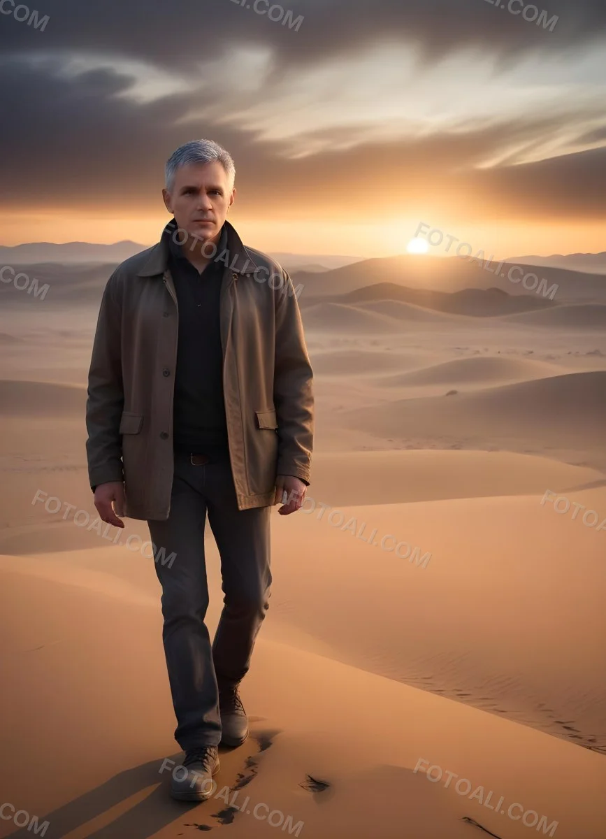 Watercolor Painting A Middle Aged Caucasian Man With Short Gray Hair Wearing A Brown Jacket Standing On A Sandy Desert Landscape With A Dramatic Sunset In The Background Creative Detailed Brush Stroke Minimal Spalsh 73 Eafe