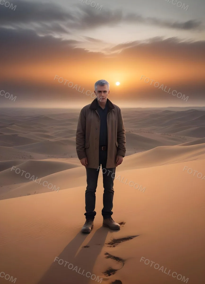 Watercolor Painting A Middle Aged Caucasian Man With Short Gray Hair Wearing A Brown Jacket Standing On A Sandy Desert Landscape With A Dramatic Sunset In The Background Creative Detailed Brush Stroke Minimal Spalsh 74 1842
