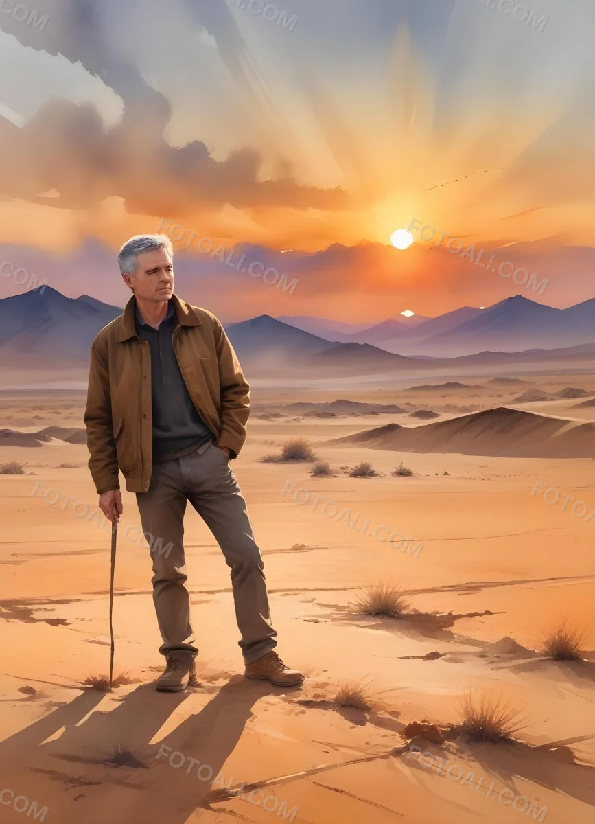 Watercolor Painting A Middle Aged Caucasian Man With Short Gray Hair Wearing A Brown Jacket Standing On A Sandy Desert Landscape With A Dramatic Sunset In The Background Creative Detailed Brush Stroke Minimal Spalsh 80 333c