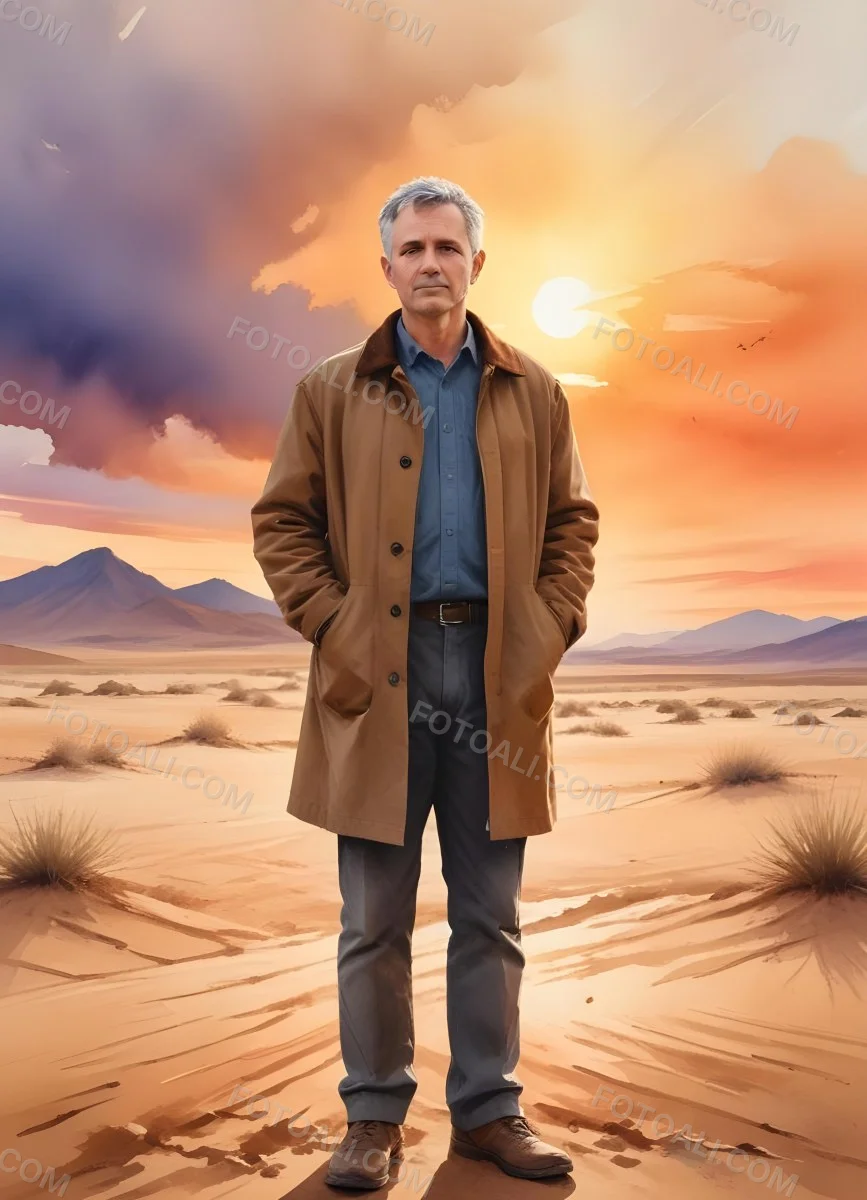 Watercolor Painting A Middle Aged Caucasian Man With Short Gray Hair Wearing A Brown Jacket Standing On A Sandy Desert Landscape With A Dramatic Sunset In The Background Creative Detailed Brush Stroke Minimal Spalsh 81 9a05