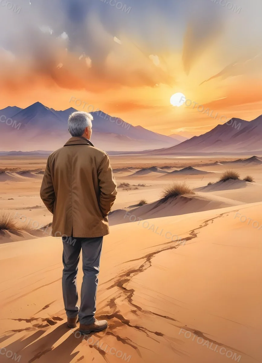 Watercolor Painting A Middle Aged Caucasian Man With Short Gray Hair Wearing A Brown Jacket Standing On A Sandy Desert Landscape With A Dramatic Sunset In The Background Creative Detailed Brush Stroke Minimal Spalsh 83 F5d5