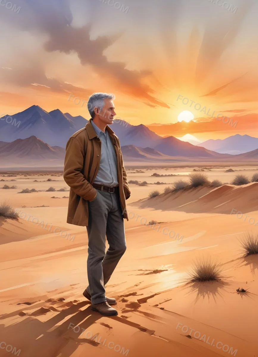 Watercolor Painting A Middle Aged Caucasian Man With Short Gray Hair Wearing A Brown Jacket Standing On A Sandy Desert Landscape With A Dramatic Sunset In The Background Creative Detailed Brush Stroke Minimal Spalsh 84 89e2