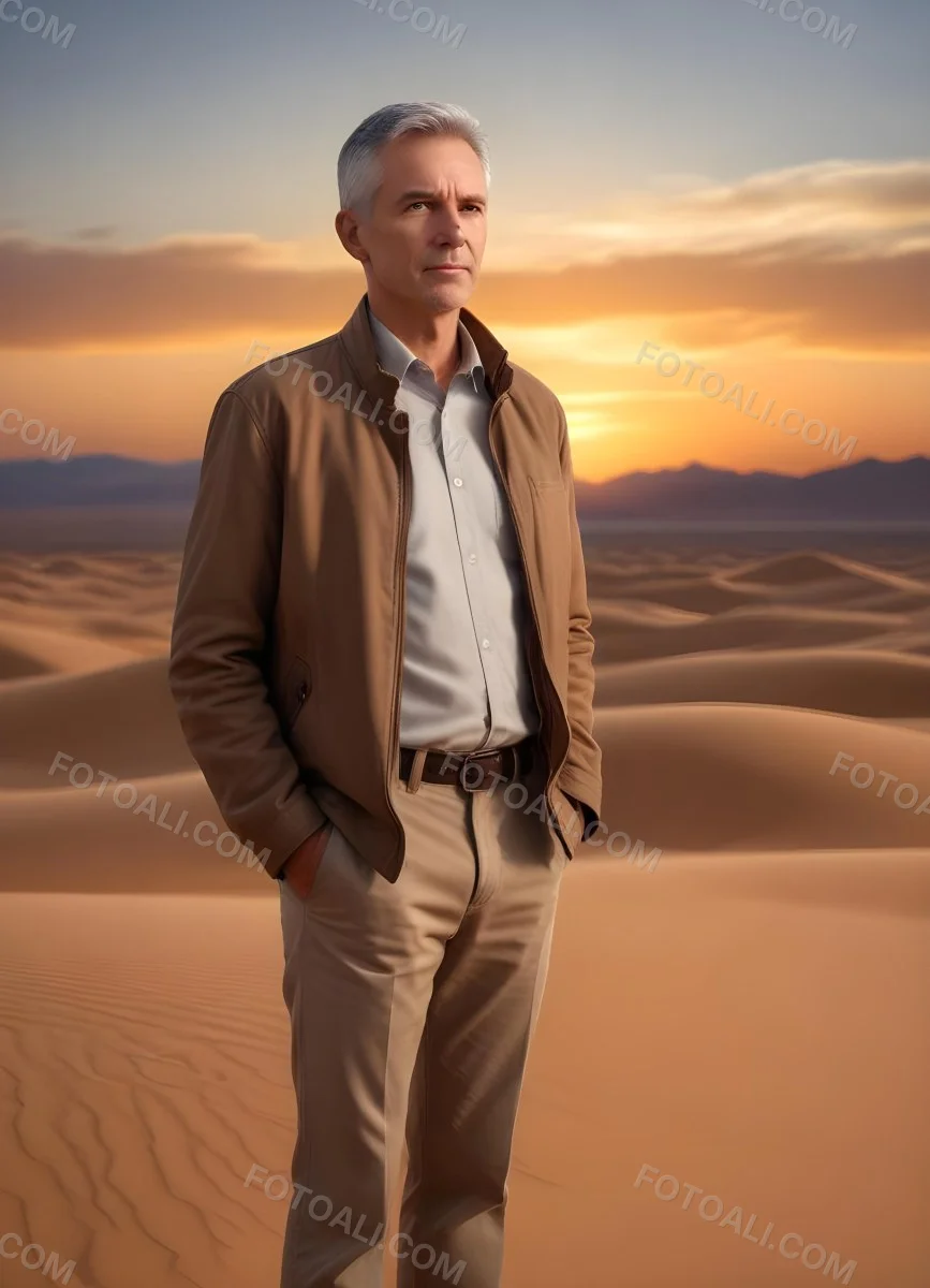 Watercolor Painting A Middle Aged Caucasian Man With Short Gray Hair Wearing A Brown Jacket Standing On A Sandy Desert Landscape With A Dramatic Sunset In The Background Creative Detailed Brush Stroke Minimal Spalsh 9 Accd
