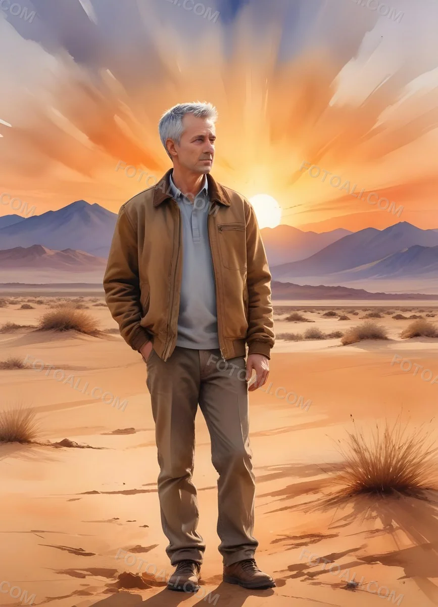 Watercolor Painting A Middle Aged Caucasian Man With Short Gray Hair Wearing A Brown Jacket Standing On A Sandy Desert Landscape With A Dramatic Sunset In The Background Creative Detailed Brush Stroke Minimal Spalsh 91 Fc15