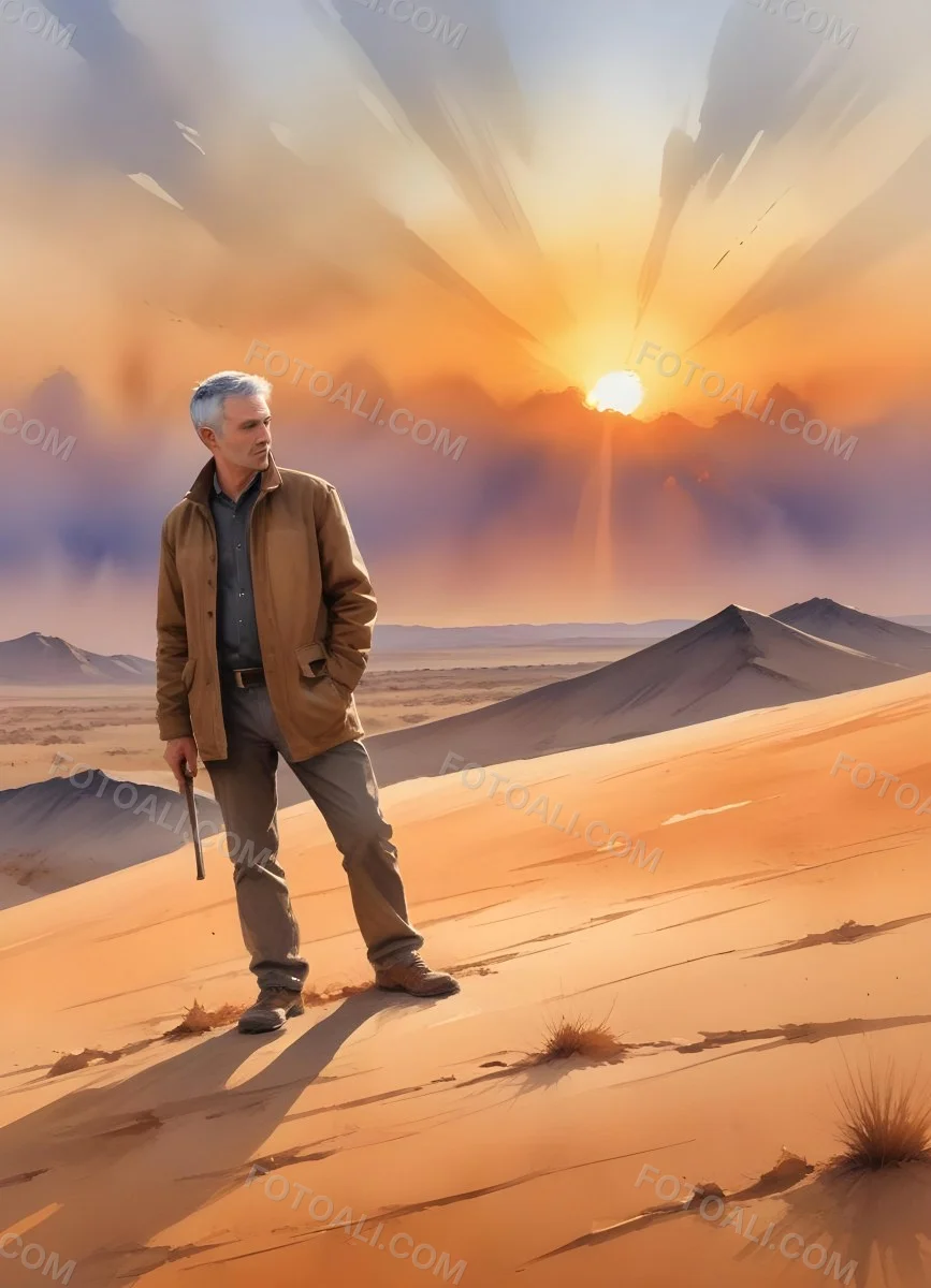Watercolor Painting A Middle Aged Caucasian Man With Short Gray Hair Wearing A Brown Jacket Standing On A Sandy Desert Landscape With A Dramatic Sunset In The Background Creative Detailed Brush Stroke Minimal Spalsh 94 C020
