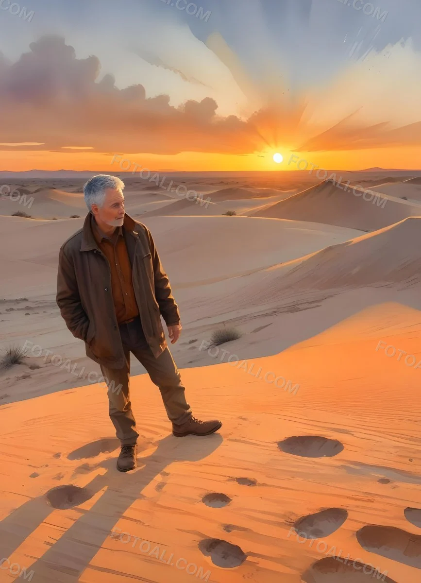 Watercolor Painting A Middle Aged Caucasian Man With Short Gray Hair Wearing A Brown Jacket Standing On A Sandy Desert Landscape With A Dramatic Sunset In The Background Creative Detailed Brush Stroke Minimal Spalsh 95 91b4