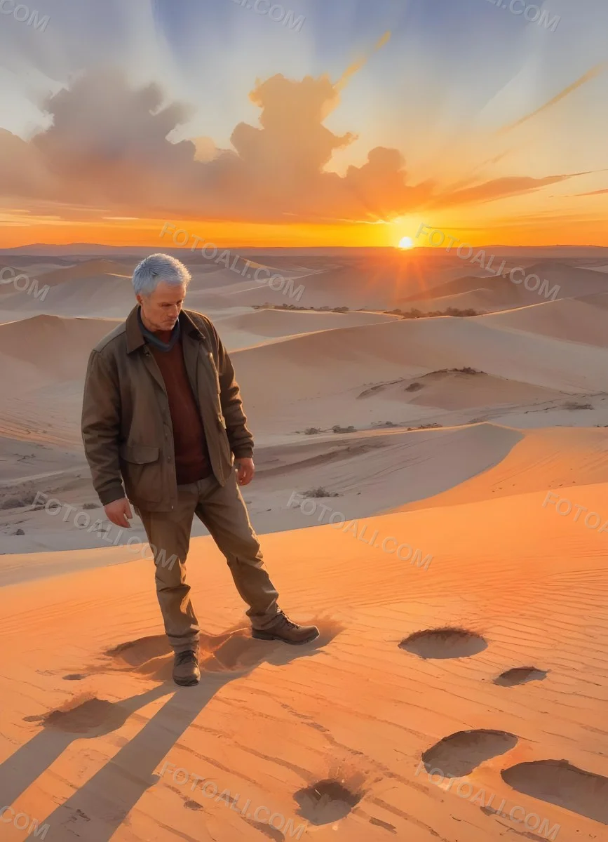 Watercolor Painting A Middle Aged Caucasian Man With Short Gray Hair Wearing A Brown Jacket Standing On A Sandy Desert Landscape With A Dramatic Sunset In The Background Creative Detailed Brush Stroke Minimal Spalsh 96 5661