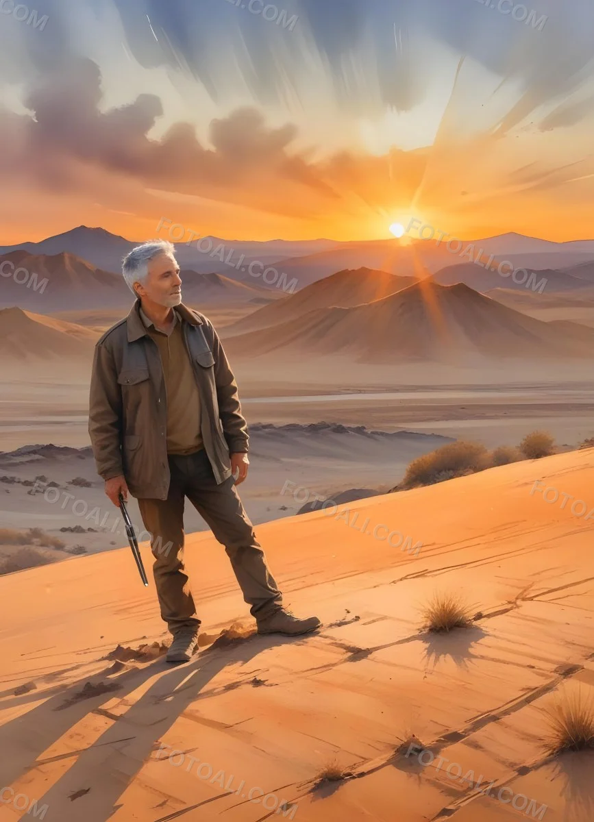 Watercolor Painting A Middle Aged Caucasian Man With Short Gray Hair Wearing A Brown Jacket Standing On A Sandy Desert Landscape With A Dramatic Sunset In The Background Creative Detailed Brush Stroke Minimal Spalsh 98 03ad