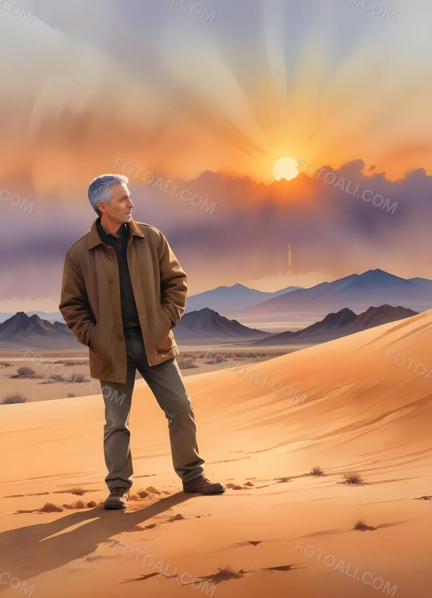 Watercolor Painting A Middle Aged Caucasian Man With Short Gray Hair Wearing A Brown Jacket Standing On A Sandy Desert Landscape With A Dramatic Sunset In The Background Creative Detailed Brush Stroke Minimal Spalsh 99 280d