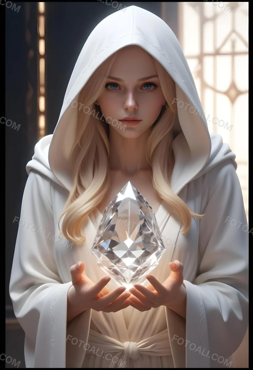 Watercolor Painting A Young Fair Skinned Woman With Long Blonde Hair Wearing A White Hooded Robe Holding A Large Diamond In Her Hands Creative Detailed Brush Stroke Minimal Spalsh 10 8bcd
