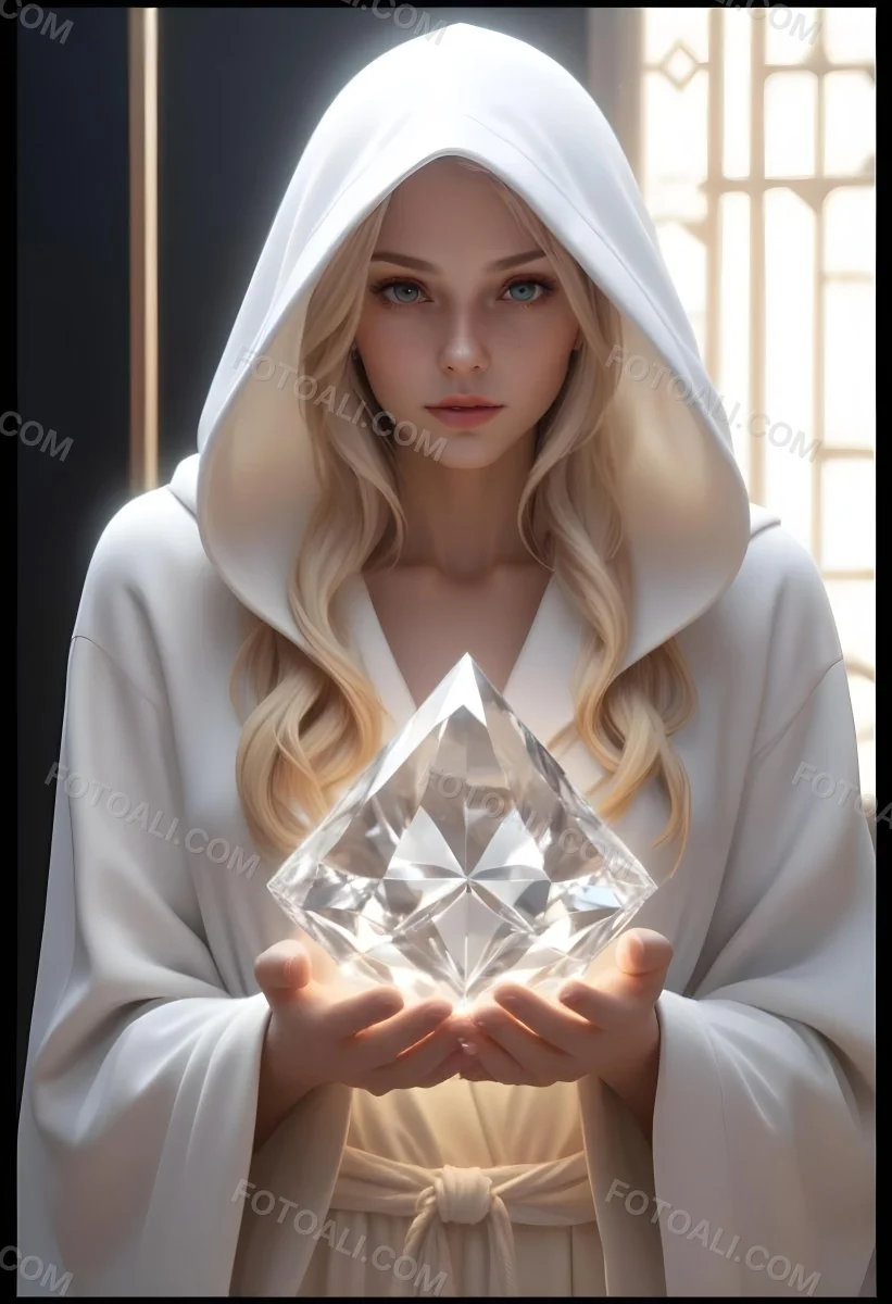 Watercolor Painting A Young Fair Skinned Woman With Long Blonde Hair Wearing A White Hooded Robe Holding A Large Diamond In Her Hands Creative Detailed Brush Stroke Minimal Spalsh 11 A494