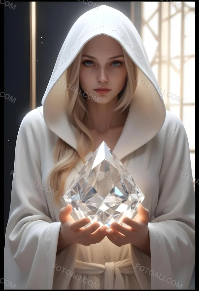 Watercolor Painting A Young Fair Skinned Woman With Long Blonde Hair Wearing A White Hooded Robe Holding A Large Diamond In Her Hands Creative Detailed Brush Stroke Minimal Spalsh 12 8ae5