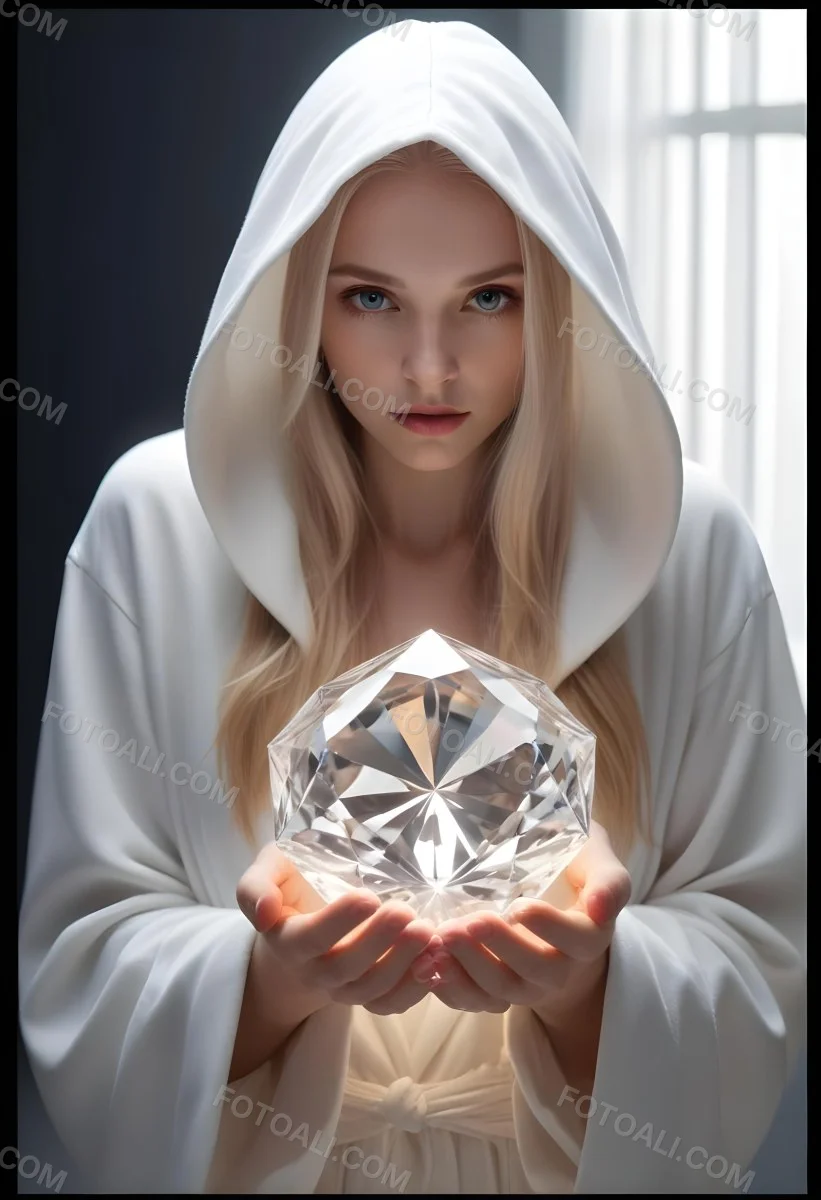 Watercolor Painting A Young Fair Skinned Woman With Long Blonde Hair Wearing A White Hooded Robe Holding A Large Diamond In Her Hands Creative Detailed Brush Stroke Minimal Spalsh 19 1271