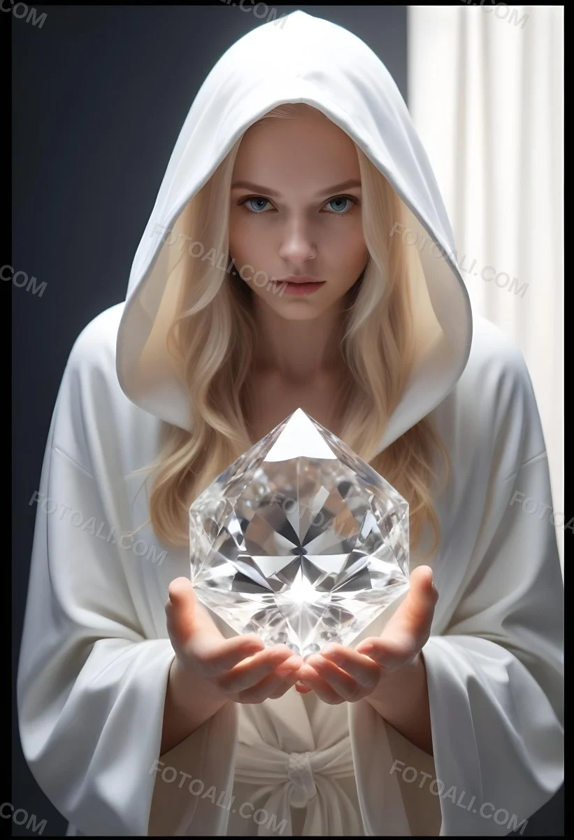 Watercolor Painting A Young Fair Skinned Woman With Long Blonde Hair Wearing A White Hooded Robe Holding A Large Diamond In Her Hands Creative Detailed Brush Stroke Minimal Spalsh 20 D4f7