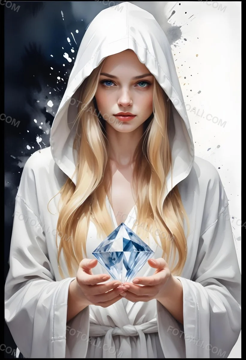 Watercolor Painting A Young Fair Skinned Woman With Long Blonde Hair Wearing A White Hooded Robe Holding A Large Diamond In Her Hands Creative Detailed Brush Stroke Minimal Spalsh 24 82e8
