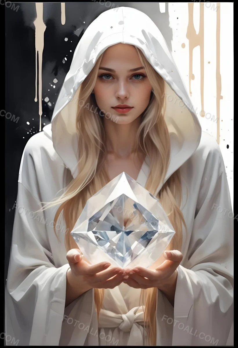 Watercolor Painting A Young Fair Skinned Woman With Long Blonde Hair Wearing A White Hooded Robe Holding A Large Diamond In Her Hands Creative Detailed Brush Stroke Minimal Spalsh 26 B1c3