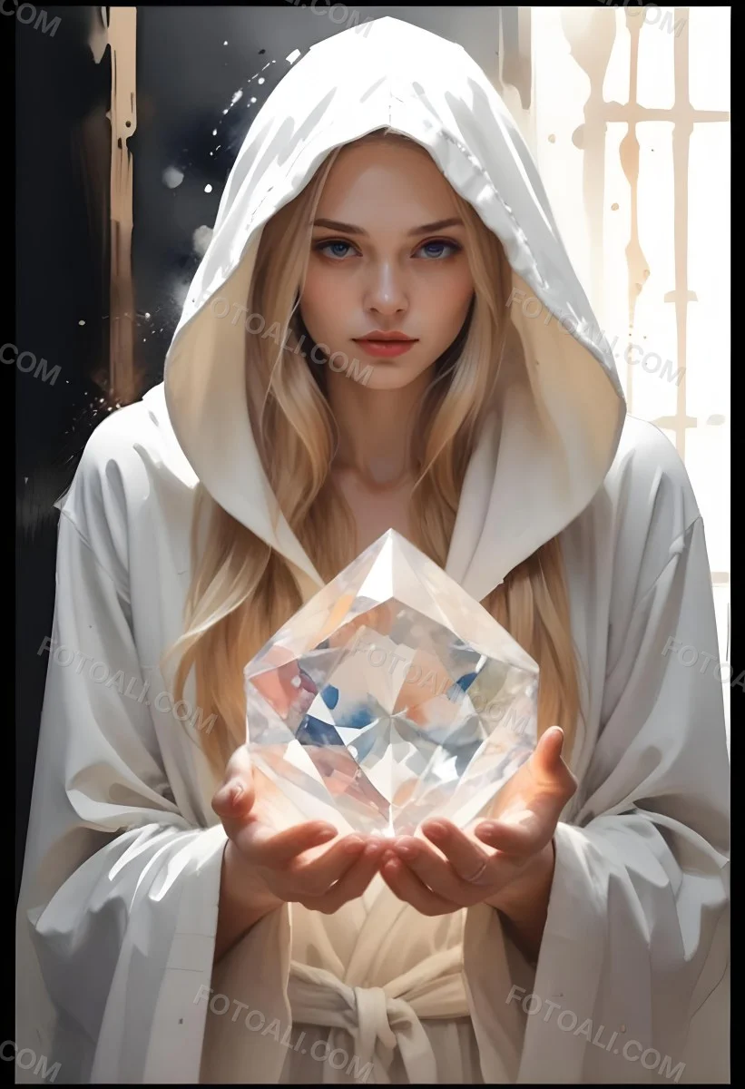 Watercolor Painting A Young Fair Skinned Woman With Long Blonde Hair Wearing A White Hooded Robe Holding A Large Diamond In Her Hands Creative Detailed Brush Stroke Minimal Spalsh 28 42f7