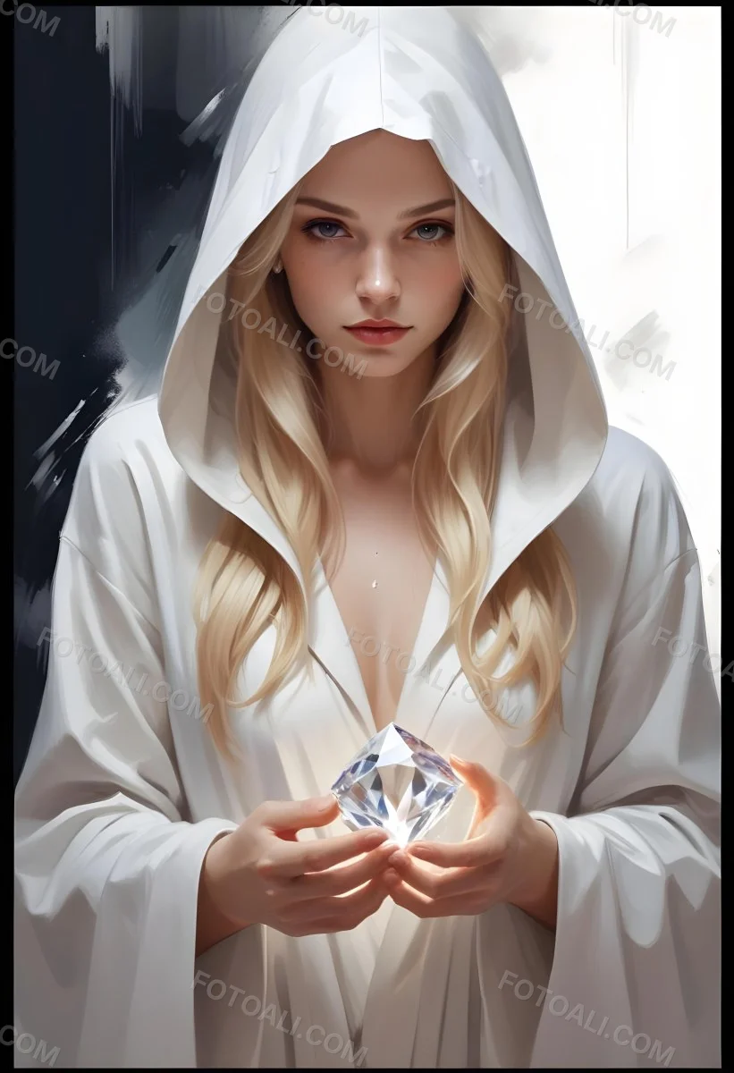Watercolor Painting A Young Fair Skinned Woman With Long Blonde Hair Wearing A White Hooded Robe Holding A Large Diamond In Her Hands Creative Detailed Brush Stroke Minimal Spalsh 5 462c