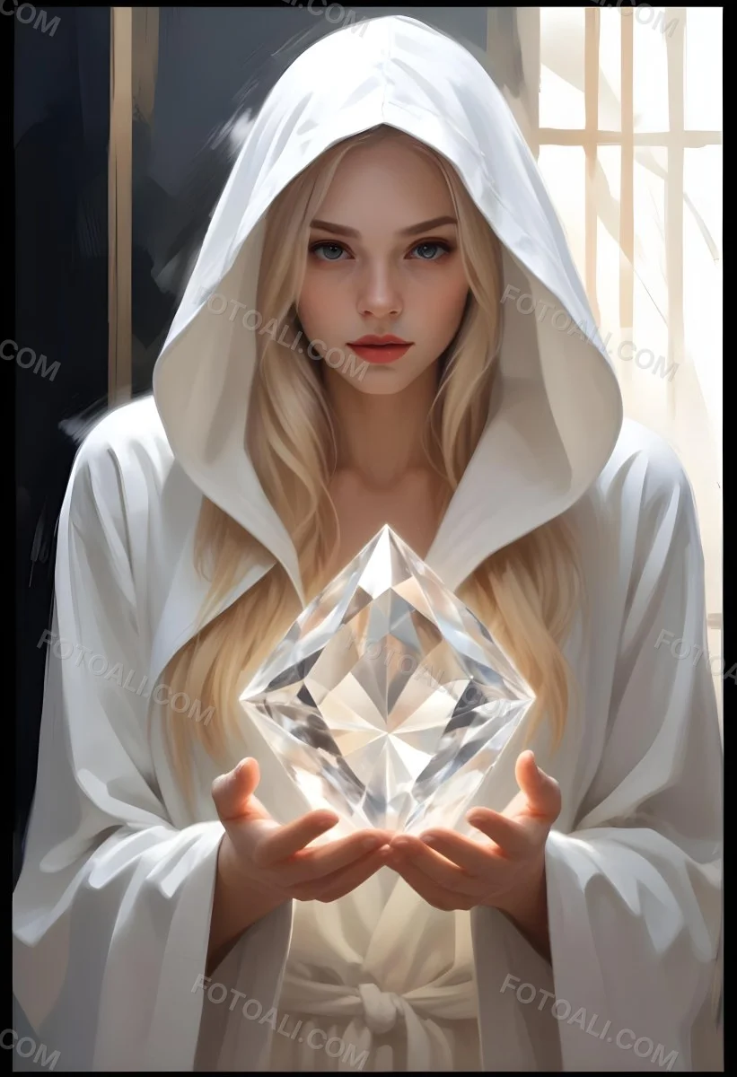 Watercolor Painting A Young Fair Skinned Woman With Long Blonde Hair Wearing A White Hooded Robe Holding A Large Diamond In Her Hands Creative Detailed Brush Stroke Minimal Spalsh 6 3718