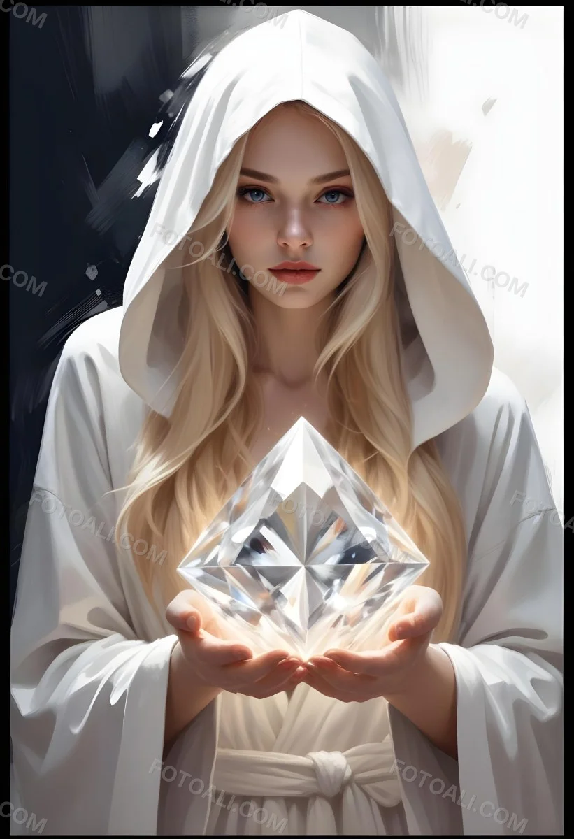 Watercolor Painting A Young Fair Skinned Woman With Long Blonde Hair Wearing A White Hooded Robe Holding A Large Diamond In Her Hands Creative Detailed Brush Stroke Minimal Spalsh 7 8ac1