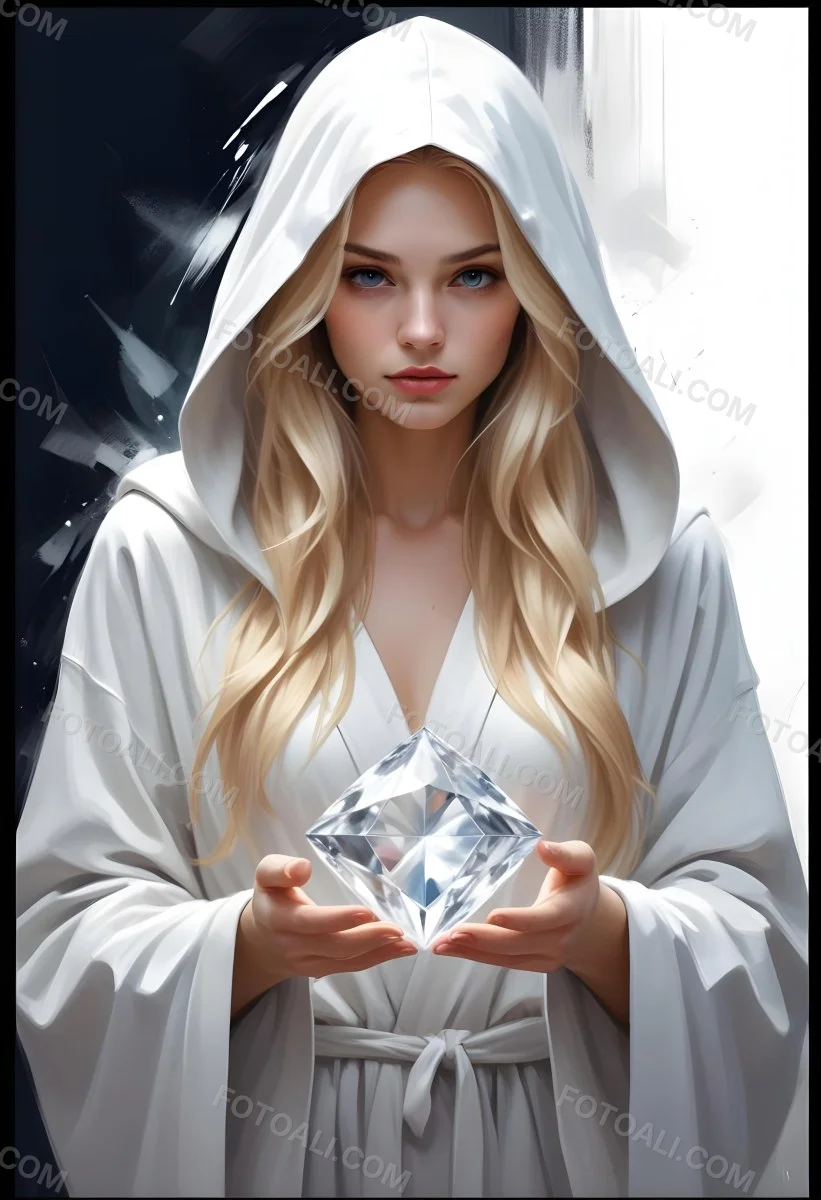 Watercolor Painting A Young Fair Skinned Woman With Long Blonde Hair Wearing A White Hooded Robe Holding A Large Diamond In Her Hands Creative Detailed Brush Stroke Minimal Spalsh 9 49e0