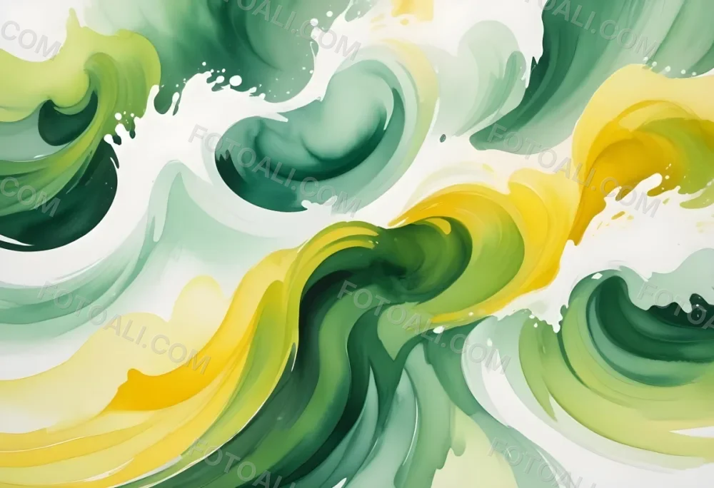Watercolor Painting Flowing Abstract Waves Of Yellow Green And White Colors Creating A Dynamic And Vibrant Composition Creative Detailed Brush Stroke Minimal Spalsh 45 B789