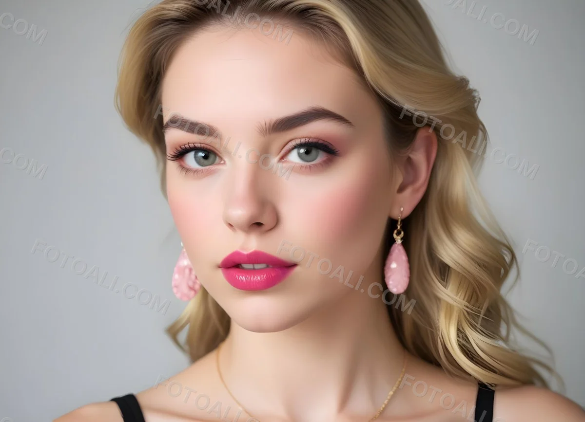Watercolor Painting White Woman 25 Years Old With Pink Lips And Earrings In A Studio Creative Detailed Brush Stroke Minimal Spalsh 19 Fbfe