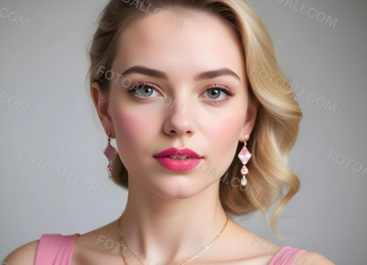 Watercolor Painting White Woman 25 Years Old With Pink Lips And Earrings In A Studio Creative Detailed Brush Stroke Minimal Spalsh 36 D980