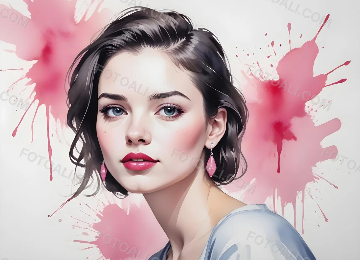 Watercolor Painting White Woman 25 Years Old With Pink Lips And Earrings In A Studio Creative Detailed Brush Stroke Minimal Spalsh 48 C3a9