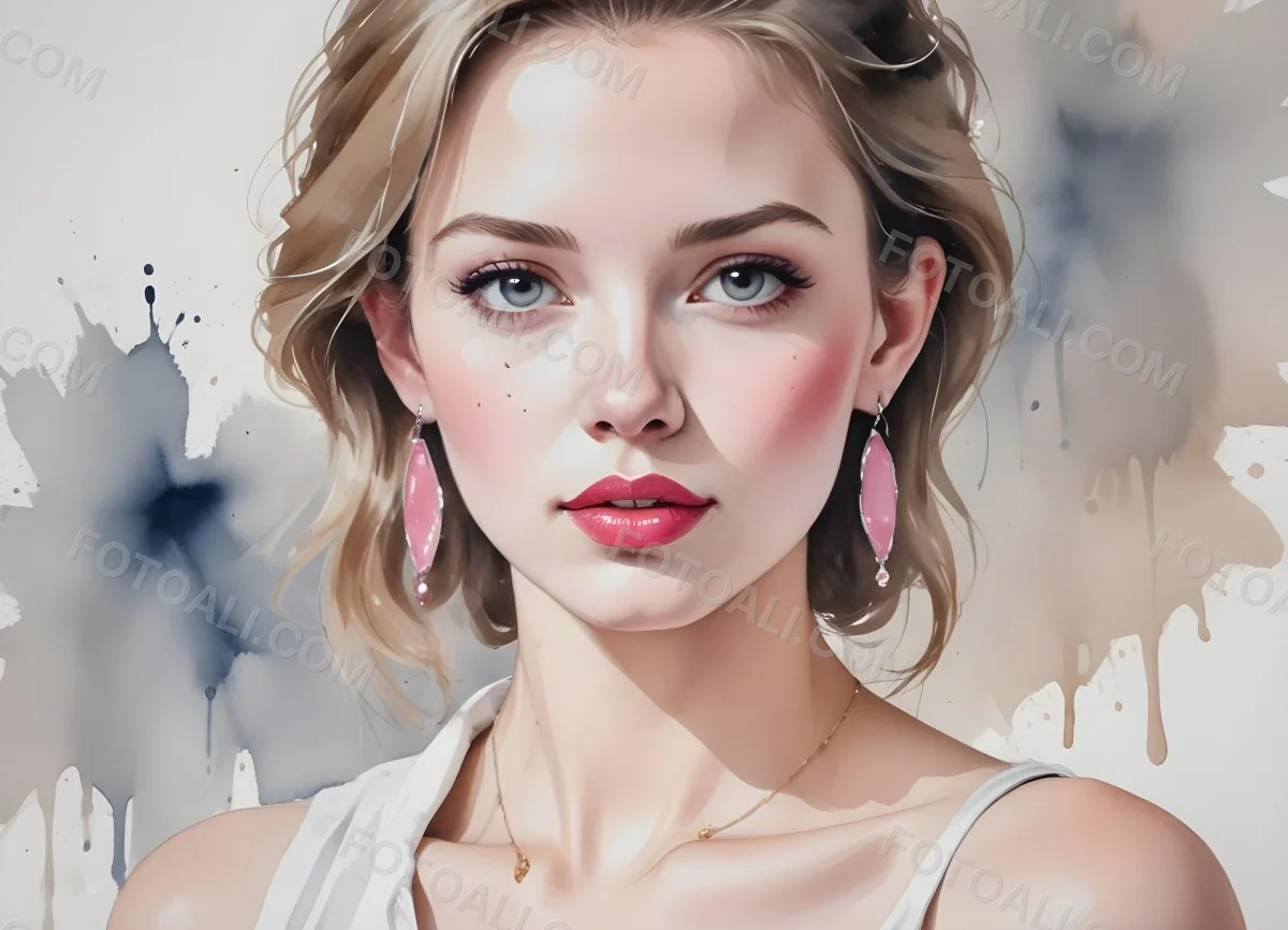 Watercolor Painting White Woman 25 Years Old With Pink Lips And Earrings In A Studio Creative Detailed Brush Stroke Minimal Spalsh 49 C871