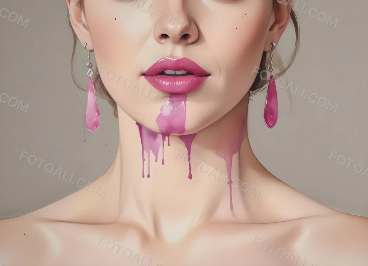 Watercolor Painting White Woman 25 Years Old With Pink Lips And Earrings In A Studio Creative Detailed Brush Stroke Minimal Spalsh 64 A445