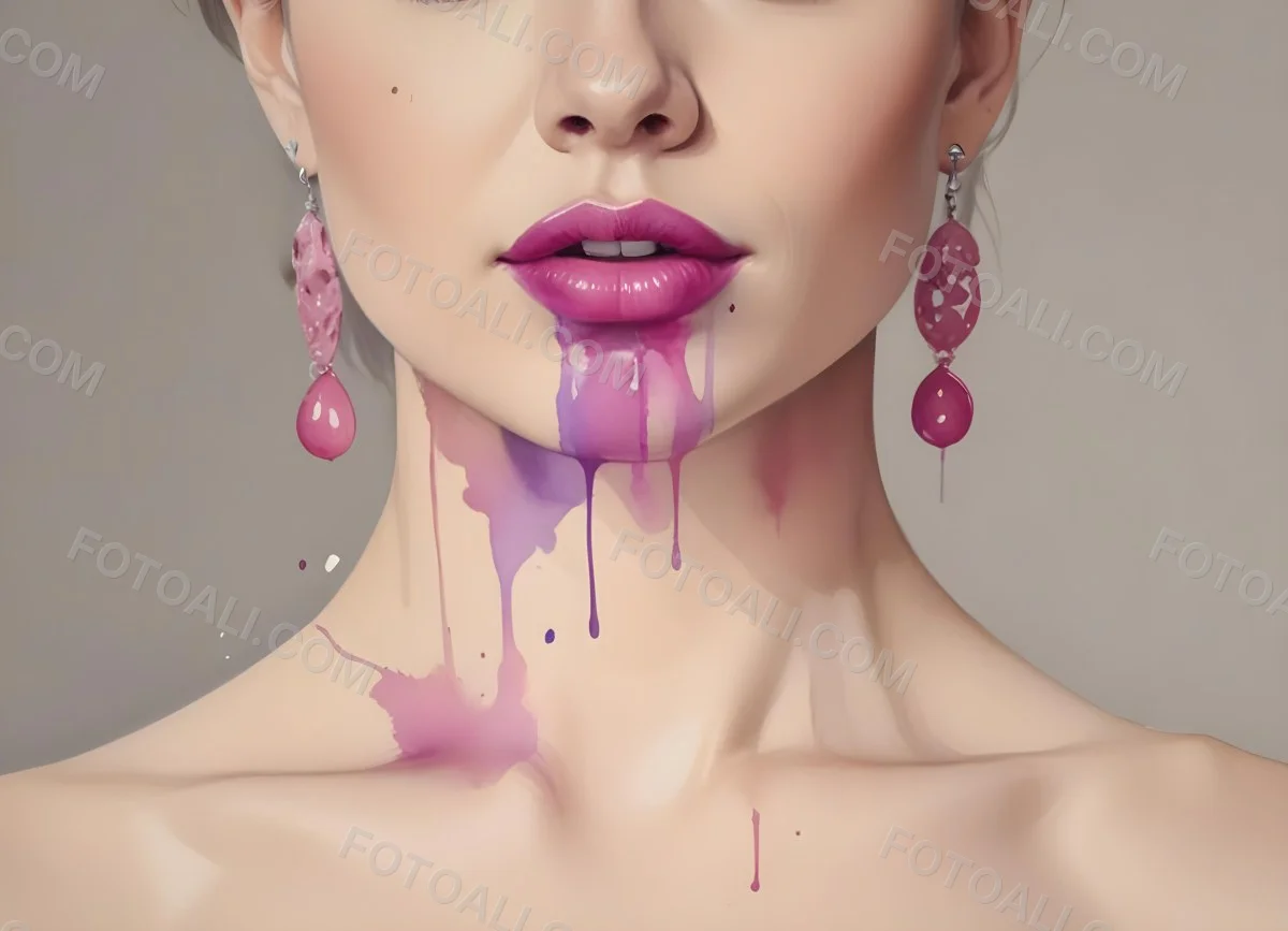 Watercolor Painting White Woman 25 Years Old With Pink Lips And Earrings In A Studio Creative Detailed Brush Stroke Minimal Spalsh 72 A782