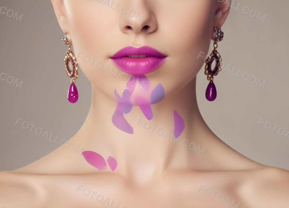 Watercolor Painting White Woman 25 Years Old With Pink Lips And Earrings In A Studio Creative Detailed Brush Stroke Minimal Spalsh 8 7c87