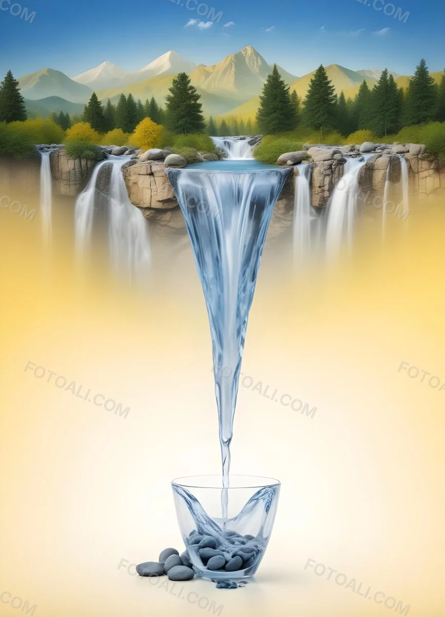 Waterfall Flowing Into A Glass Rocks On The Sides Trees And Mountains In The Background Yellow And White Gradient 10 Fa4a