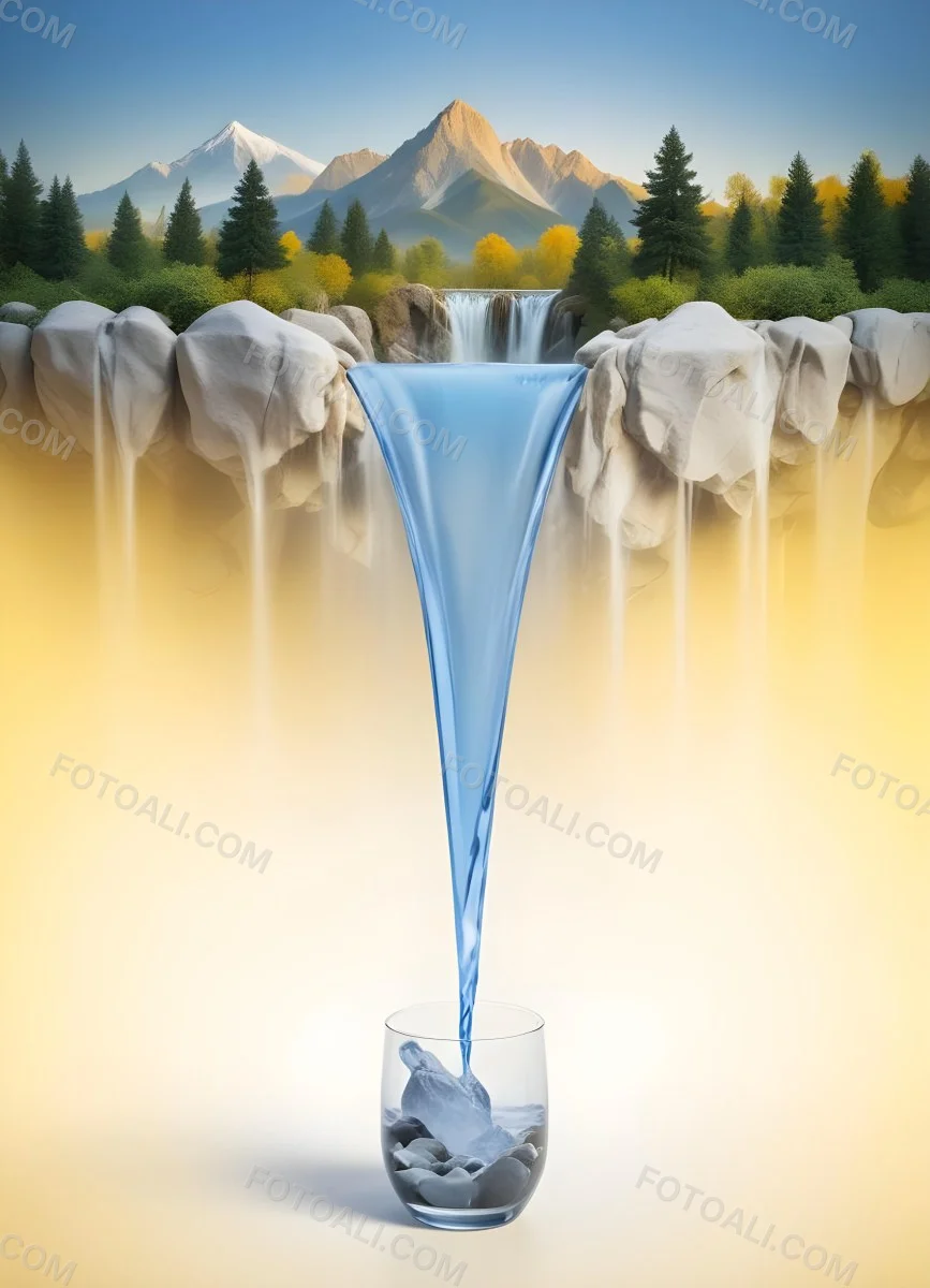 Waterfall Flowing Into A Glass Rocks On The Sides Trees And Mountains In The Background Yellow And White Gradient 15 7de6