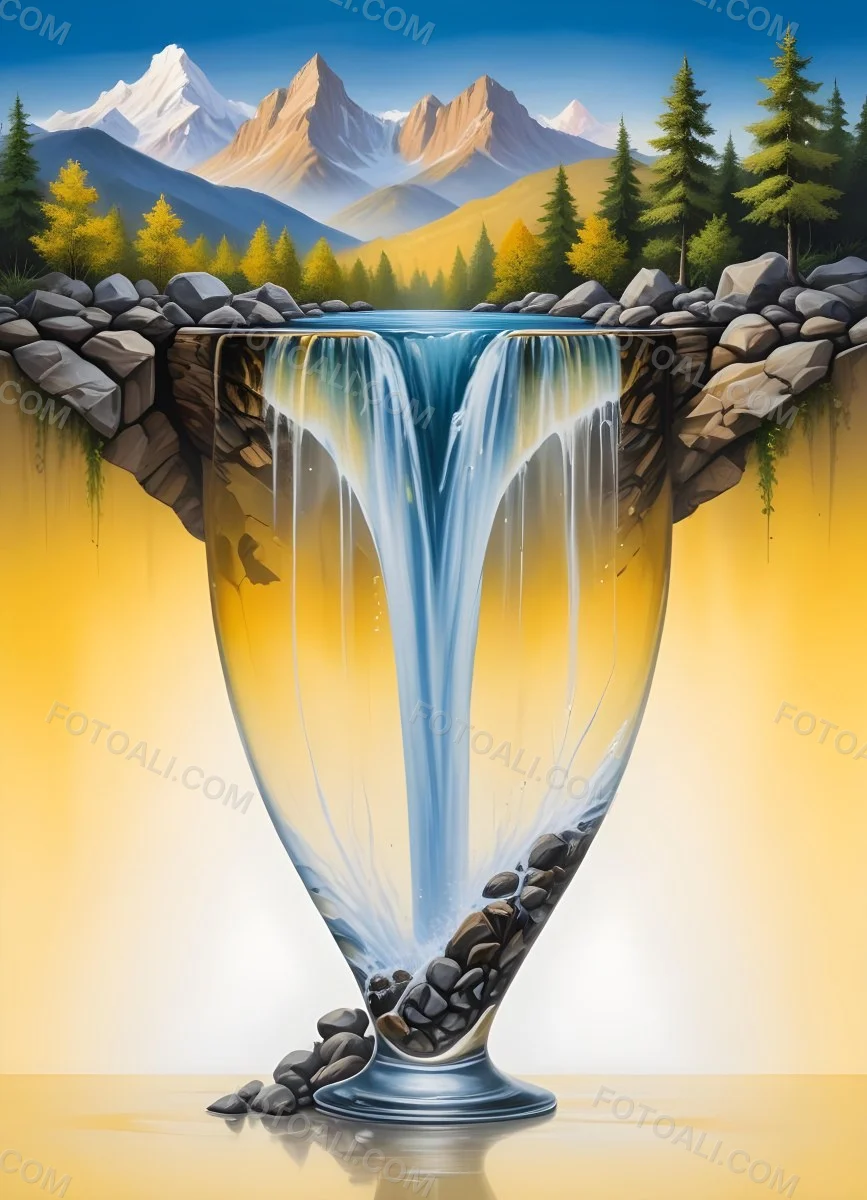 Waterfall Flowing Into A Glass Rocks On The Sides Trees And Mountains In The Background Yellow And White Gradient 16 8502
